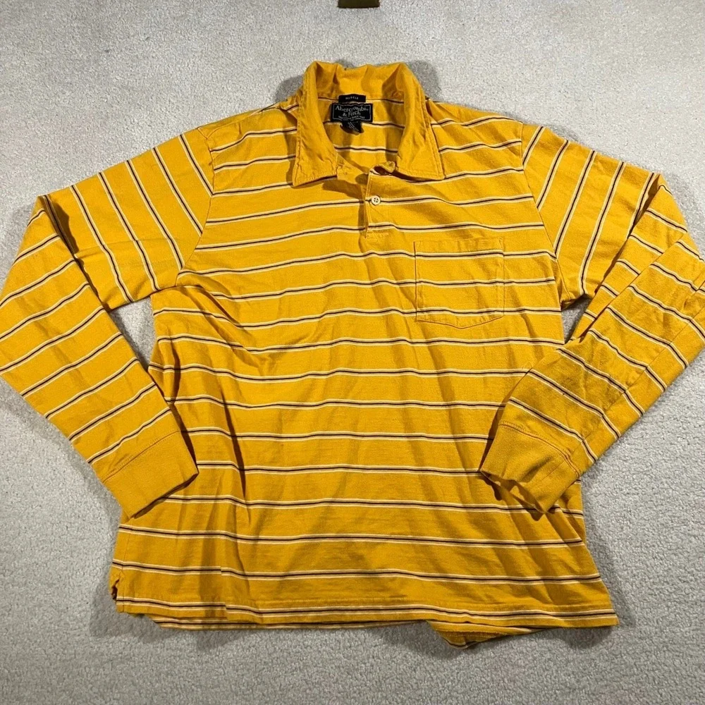 Abercrombie‎ & Fitch Polo Mens XL Yellow Striped Muscle Fit Long Sleeve Vintage